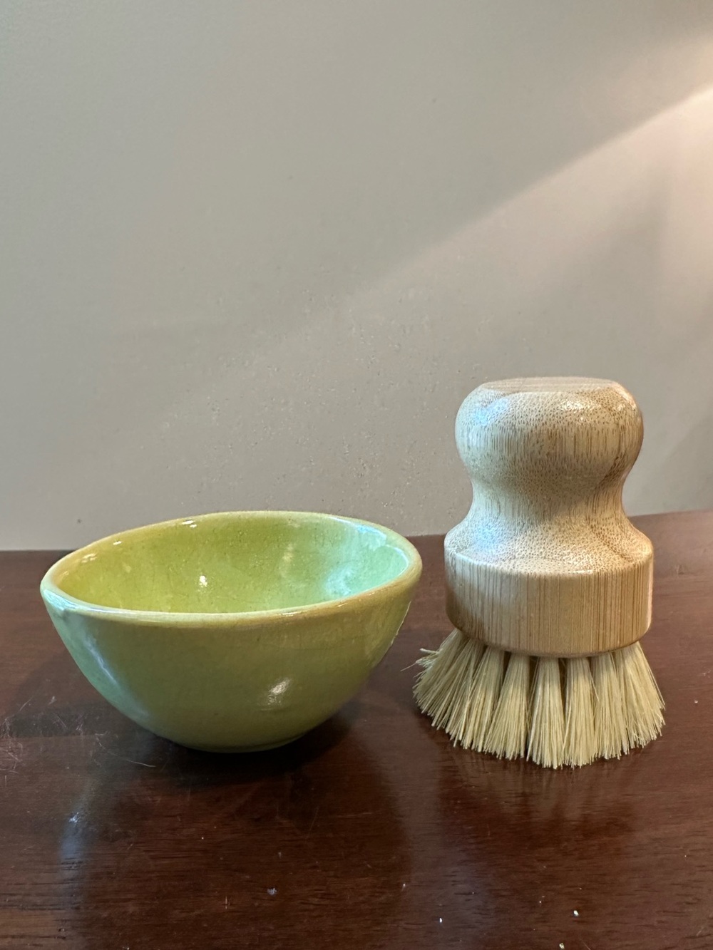 Wooden scrub brush and pottery bowl • kitchen tool • new scrub brush